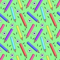 Vector seamless pattern with school supplies, pencils and erasers. A template with school attributes. Vector illustration.Ideal for children's posters, packaging, textiles, web design, postcards.