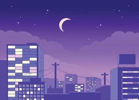 A romantic city with lit up skyscrapers. Purple night background with floating crescent moon. vector