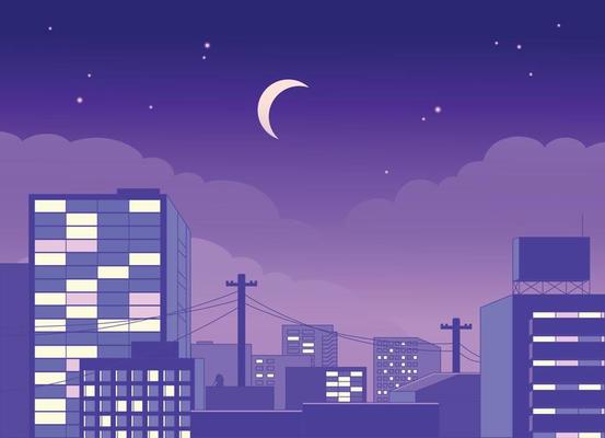 A romantic city with lit up skyscrapers. Purple night background with floating crescent moon.