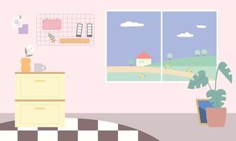 Cozy room. You can see the village outside the window. flat design style vector illustration.