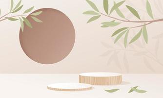 There is a wooden stage in a bright and calm brown space. There is an olive tree branch at the top. vector