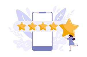 tiny Woman satisfied customer give rating 5 stars on smartphone. People feedback vector illustration by giving star rating. Flat online shopping with give five rating and review