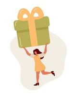 Cheerful tiny vector woman carrying huge present box overhead. Female character holding big birthday gift in festive packaging. Flat cartoon illustration isolated on white