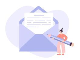 Tiny woman holding big lilac pencil and write letter envelope email. Concept of solution, analyze, write, journalist, blogger. Vector illustration in flat style, character design