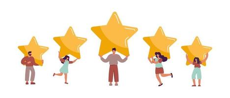 Happy and satisfied customer vector tiny people are holding review stars over their heads. Five stars rating flat. Customer review rating and client feedback concept. Modern illustration