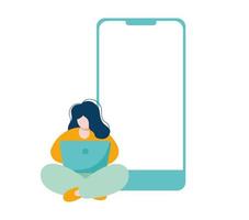 Tiny Woman sitting on floor with laptop and phone and working, hands typing a telephone message in social networks. Flat Vector illustration of people work or relax at home using computer