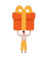 Cheerful tiny man carrying huge present box overhead. Male character holding big birthday gift in festive packaging. Flat vector cartoon illustration isolated on white background