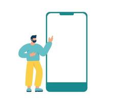 Vector tiny man standing and pointing at big blank smartphone screen. Mobile phone template. Empty cellphone display with copy space. Flat illustration