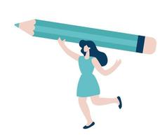 Tiny woman holding big turquoise pencil over her head. Concept of search information, solution, analyze, write, journalist, blogger. Vector illustration in flat style, character design