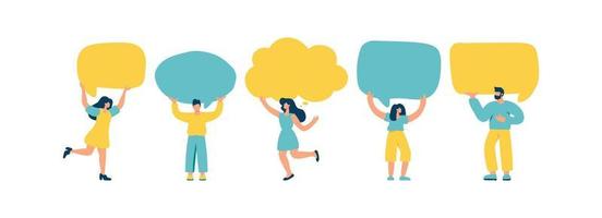 Young flat vector tiny men and women holding speech bubbles communication chat. Concept of announcement, advertising, promotion, business, empty template illustration