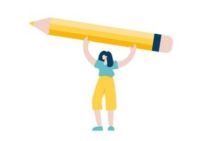 Tiny woman holding big yellow pencil over her head. Concept of search information, solution, analyze, write, journalist, blogger. Vector illustration in flat style, character design