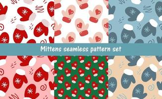 mittens with snowflake set seamless pattern. hand drawn doodle. vector, cartoon, minimalism. wallpaper, wrapping paper, textile, banner. winter, clothing accessory new year christmas cozy hygge vector