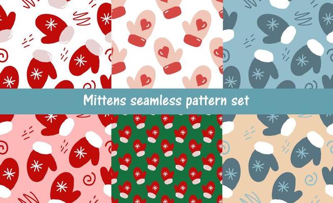 mittens with snowflake set seamless pattern. hand drawn doodle. vector, cartoon, minimalism. wallpaper, wrapping paper, textile, banner. winter, clothing accessory new year christmas cozy hygge