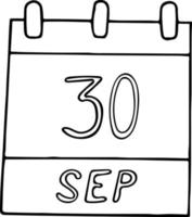 calendario dibujado a mano en estilo garabato. 30 de septiembre. día internacional de la traducción, fecha. icono, elemento adhesivo para el diseño. planificación, vacaciones de negocios vector