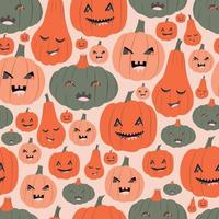 emociones de calabaza, patrones sin fisuras en un fondo rosa, áfidos, enrejados de papel pintado, calabazas de halloween, caras de miedo. vector