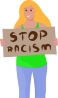 angry woman with a poster at a rally. stop racism poster. the blonde with the poster. png