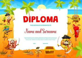 Kids diploma cartoon captain and pirates fastfood vector