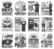 Law and order vector icons monochrome signs set