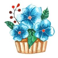 el elemento es una canasta para pastel de galletas con tres flores de color azul cielo, nomeolvides y una ramita de bayas rojas. dulce ilustración acuarela