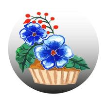 el único elemento es una cesta de bizcocho con dos flores azules, nomeolvides y una ramita de bayas rojas. ilustración acuarela vector