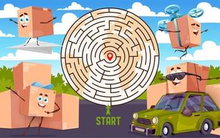 Labyrinth maze with cartoon package box characters vector