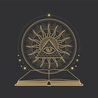 símbolo de tarot esotérico, pirámide, ojo y libro de hechizos vector