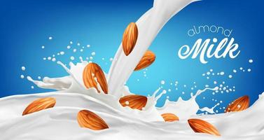 Almond milk drink, nuts, cream and dairy splash vector