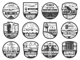 Aviation, air flight, airplane pilot school icons vector