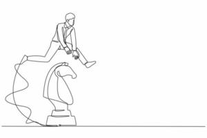 Single continuous line drawing businessman jumping over big chess knight. Tactic strategy move in political business. Agile thinking, clever, intelligence sport. One line design vector illustration