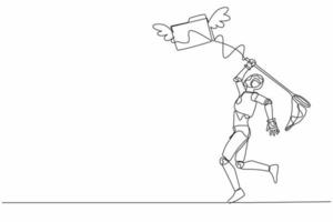 Continuous one line drawing robot try to catch flying folder with butterfly net. Analyzing tech document, file archive. Humanoid robot cybernetic organism. Single line draw design vector illustration