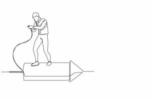 un hombre de negocios de dibujo de una línea continua parado en un cohete de fuegos artificiales y tratando de prenderlo fuego para hacer crecer su carrera profesional. agilidad o innovación para el éxito. ilustración de vector de diseño de línea única