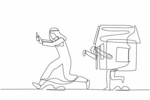 Single one line drawing unhappy Arab businessman being chased by house. Office employee refuse price increase of housing loan. Minimal metaphor. Continuous line draw design graphic vector illustration