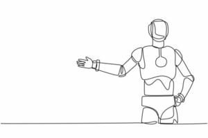 Single continuous line drawing robot standing with showing something or presenting project. Robotic artificial intelligence. Electronic technology industry. One line graphic design vector illustration