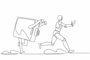 Continuous one line drawing stress robot being chased by safe deposit box. Financial secure system, banking protection. Humanoid robot cybernetic organism. Single line draw design vector illustration