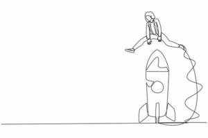 Single continuous line drawing businesswoman jumping over big rocket. Space rocket ready to fly. New business project. Successful startup launch preparation. One line draw design vector illustration