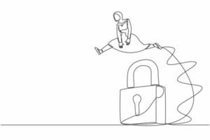 Single one line drawing active Arab businesswoman jumping big padlock. Business protection security. Professional solutions, success key. Modern continuous line draw design graphic vector illustration