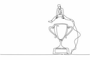 Single one line drawing businessman jumping over big trophy. Success or victory, winning prize or trophy, challenge or succeed in business competition. Continuous line draw design vector illustration