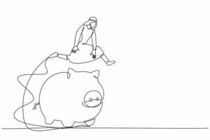 Single one line drawing Arab businessman jumping over piggy bank. Financial management with budget planning. Security of money storage. Modern continuous line draw design graphic vector illustration