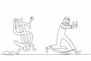 Continuous one line drawing unhappy Arab businessman being chased by dollar symbol. Manager afraid with financial crisis, losing his money. Minimalist metaphor. Single line design vector illustration