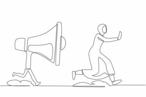 Continuous one line drawing fright Arabian businesswoman being chased by megaphone. Active female manager in loud screaming for mass communication. Single line draw design vector graphic illustration