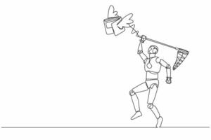 Single continuous line drawing robot try to catching flying wallet with butterfly net. Losing money in failed tech industry. Robotic artificial intelligence. One line draw design vector illustration