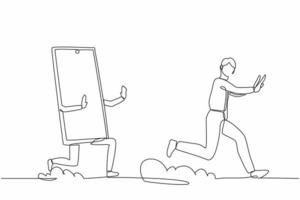 Continuous one line drawing stressed businessman being chased by smartphone. Refuse to talk, communication, technology, speaking. Minimalist metaphor. Single line design vector graphic illustration