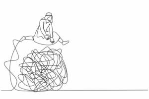 Continuous one line drawing Arabian businessman jumping over tangled scribble. Chaotic of office problem. Solution looking for complicated problem. Single line draw design vector graphic illustration