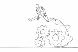 Single continuous line drawing robot jumping over big gears. Developing business innovation. Operation management system. Robotic artificial intelligence. One line graphic design vector illustration