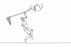 Single one line drawing robot try to catching flying shopping bag with butterfly net. Commercial retail fashion. Future technology. Artificial intelligence. Continuous line design vector illustration