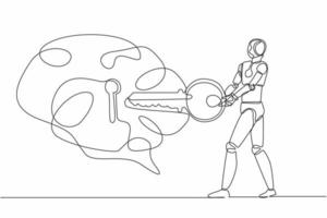 Single continuous line drawing robot putting key into brain. Unlock personality for better healthy. Open mind. Modern robotic artificial intelligence. One line draw graphic design vector illustration