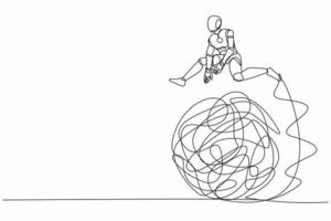 Single one line drawing robot jumping over tangled scribble. Overcoming complexity of problem. Future technology development. Artificial intelligence. Continuous line draw design vector illustration