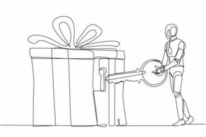 Continuous one line drawing robot putting key into gift box with ribbon. Celebration for success business achievement. Humanoid robot cybernetic organism. Single line draw design vector illustration