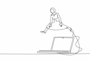 Single one line drawing Arab businesswoman jumping over big laptop computer. Data computing for working efficiency. Office system information. Continuous line draw design graphic vector illustration