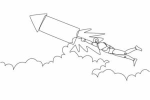 Single continuous line drawing robot fly on fireworks rockets while looking at business opportunities. Modern robotic artificial intelligence. Dynamic one line draw graphic design vector illustration